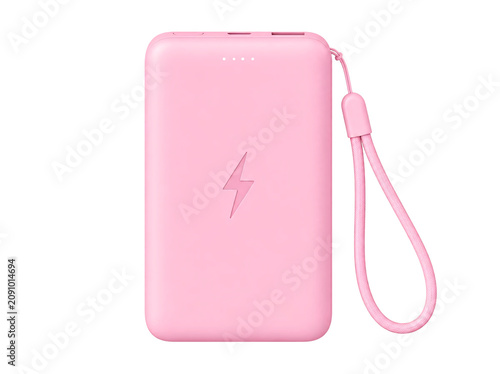 Pink portable power bank with wrist strap isolated on transparent background