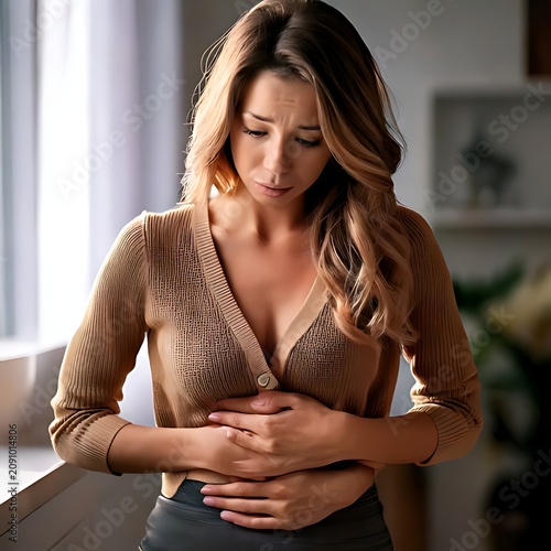 Woman experiencing abdominal pain or discomfort