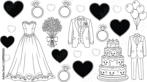 Foto Wedding Celebration Icon Vector Illustration Set with Bridal Gown Groom Suit Tie
