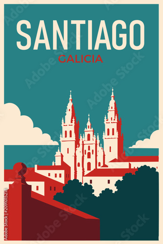 Картината върху платно Vector travel postcard of Santiago de Compostela, Galicia, Spain, featuring the cathedral skyline in a retro flat design