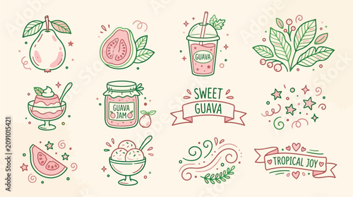 A collection of hand-drawn illustrations featuring various guava fruit forms, including whole, sliced, juice, jam, ice cream, and decorative elements with text.
