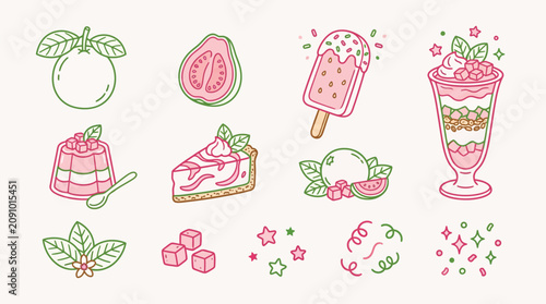 Cute pink and green line art illustrations of various guava fruits and delicious guava-flavored desserts like popsicles, parfaits, jelly, and cheesecake.