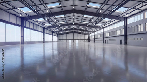 Foto Large modern warehouse interior with reflective polished concrete floor and abun