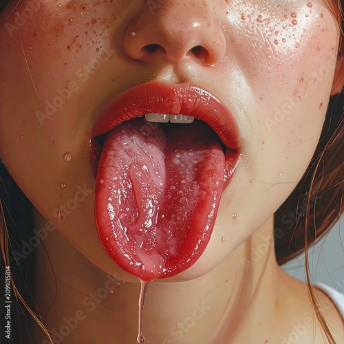 Wet lips, tongue out, glistening with moisture