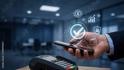 Person using a smartphone for contactless payment with digital transaction icons