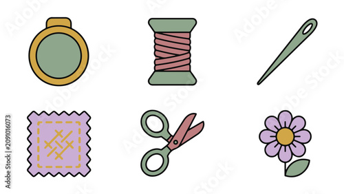 Canvas Print Set of six colorful flat vector illustration icons depicting various sewing tool