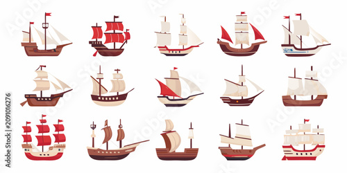 Photos Historical Sailing Ships Collection Flat Vector Illustration On White Background