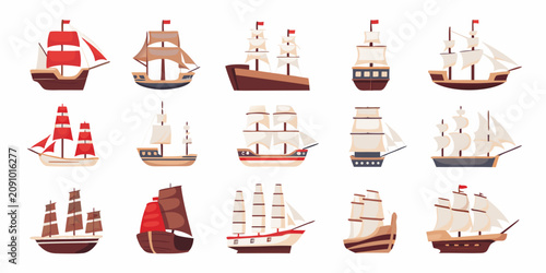 Photos Stylized Historical Sailing Ships Collection Vector Illustration On White Backgr