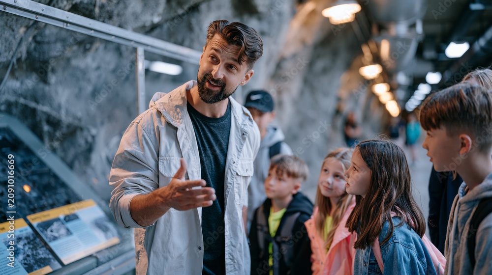 Obraz premium History teacher leading student group through decommissioned cold war missile silo converted to museum, original launch console visible behind safety glass, information placards at student eye level