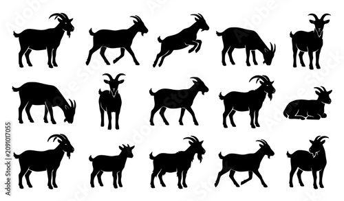 Goat silhouette vector set with farm animal shapes in standing walking and jumping poses