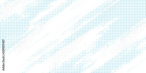 Bright blue sky halftone background. Fading retro comic gradient pattern. Pixelated dotted cloud texture overlay. Cartoon pop art grain backdrop for poster, banner, advertisement, brochure. Vector