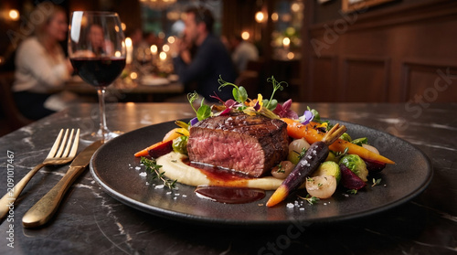 Gourmet Beef Steak Fine Dining with Red Wine Glass and Roasted Vegetables on Dark Plate in Elegant Restaurant Candlelight Atmosphere