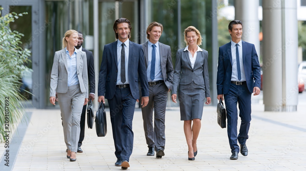 Fototapeta premium successful business team walking confidently toward office entrance, motivation, collaboration, realistic business lifestyle image