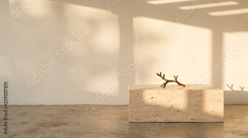 Canvas Print Sunlit travertine pedestal with golden twig sculpture casting artistic shadows o