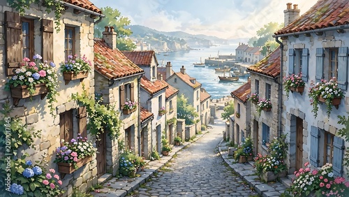 Watercolor style illustration of a peaceful coastal village street, old stone houses with beautiful blooming flower boxes, steep cobblestone road leading down to a calm blue ocean