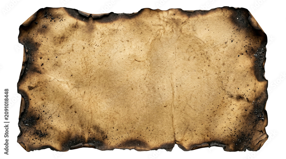 Fototapeta premium Vintage burnt parchment paper texture, aged beige antique scroll background with charred edges for design and copy space