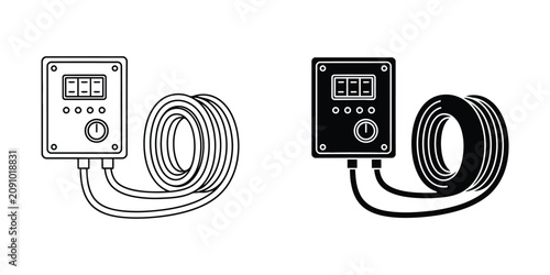 Quadro em tela Kitchen mixing bowl with wire whisk vector illustration set in line and solid