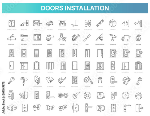 Door Hardware and Installation Line Icons Set