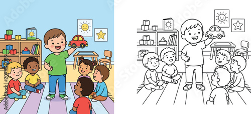 Quadro su tela Show and tell school activity for kids, cartoon illustration and coloring page w
