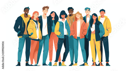 diverse group of young people standing together in casual clothing bright colors urban background social gathering friendship