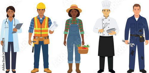 Diverse professional workers in uniform standing together on white