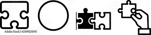 Minimalist black outline jigsaw puzzle icons showing strategic connection and teamwork for professional problem solving concepts.