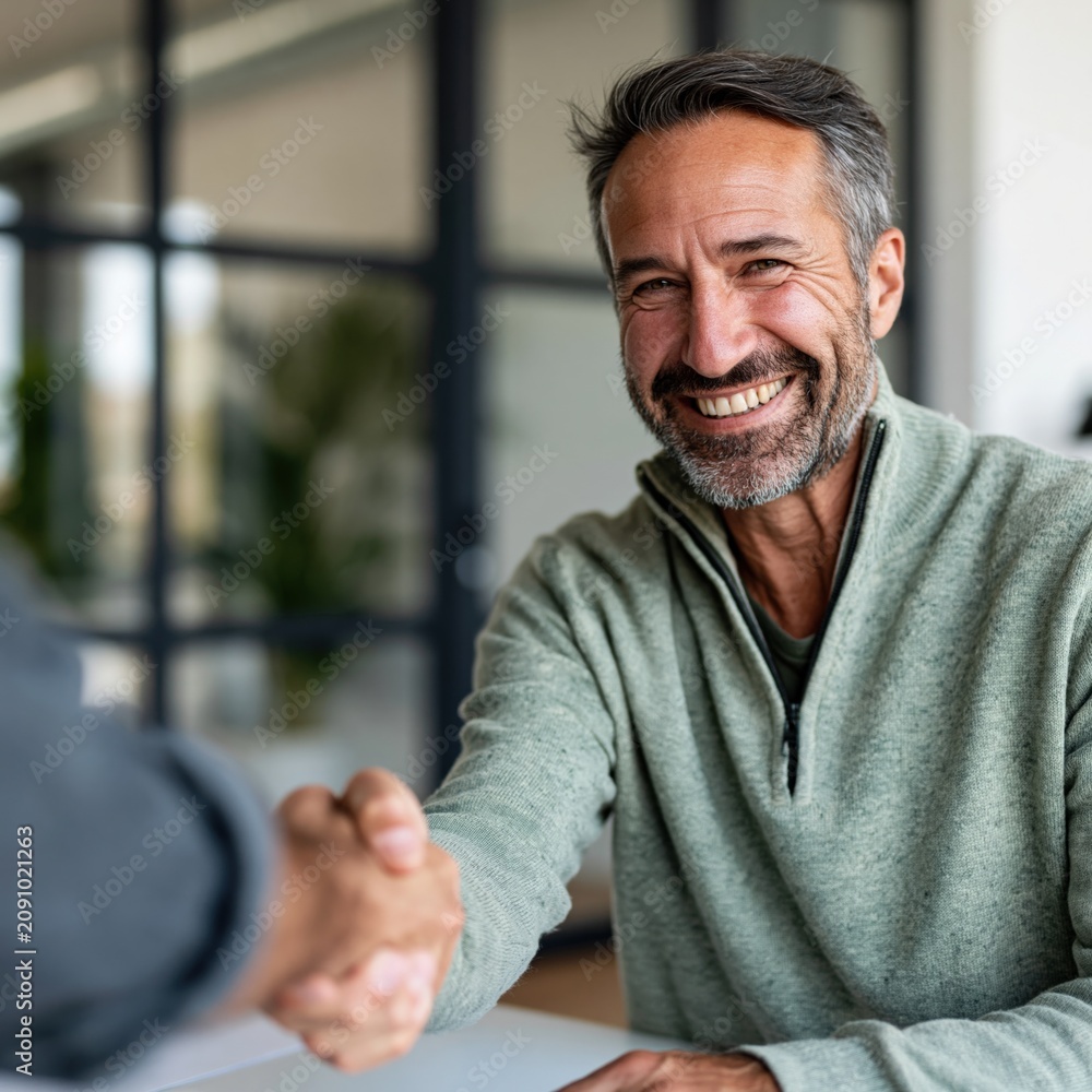 Fototapeta premium Smiling middle aged man shaking hands in modern office background for business agreement banner and corporate website partnership marketing