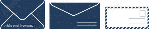 Fotografie Nostalgic set of vintage navy blue envelopes and airmail postcards sending old correspondence in flat lighting on white background