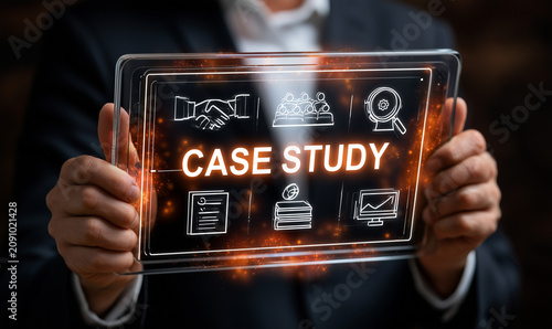 Businessman holding transparent tablet displaying case study and business icons, representing analysis and solutions.