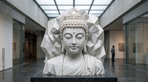 Geometric Buddha Sculpture in Modern Art Museum with Skylight