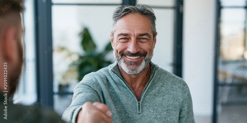 Fototapeta premium Smiling middleaged man handshake portrait for corporate banner and office background with approachable professional look