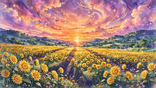 Watercolor style illustration, magical fantasy landscape showing vast glowing yellow sunflower field under breathtaking vibrant purple and orange sunset sky with swirling clouds and