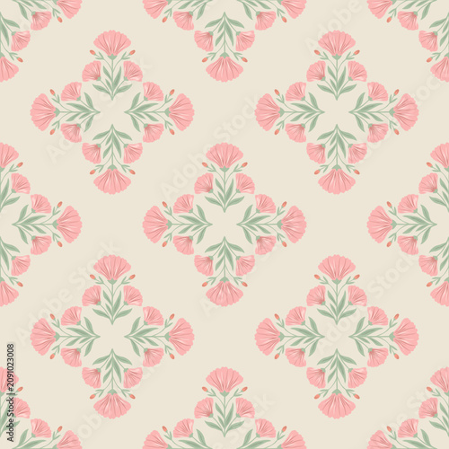 Elegant seamless floral damask pattern with soft pink flowers and green leaves on cream background, vintage botanical repeat design for fabric, wallpaper and textile.