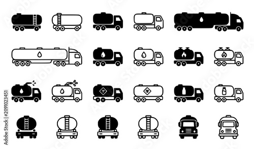 Bild auf Leinwand Tank truck icon set with gasoline fuel tanker oil transport logistics and delive