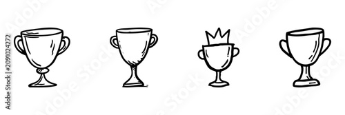 Trophy Cup Icons In Hand Drawn Style Set. Achievement And Award Doodle Sketch Collection. Perfect For Celebratory And Competitive Themes. Isolated Vector Illustration