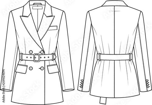 Foto Women's Double Breasted Belted Blazer Fashion Technical Sketch Flat Illustration