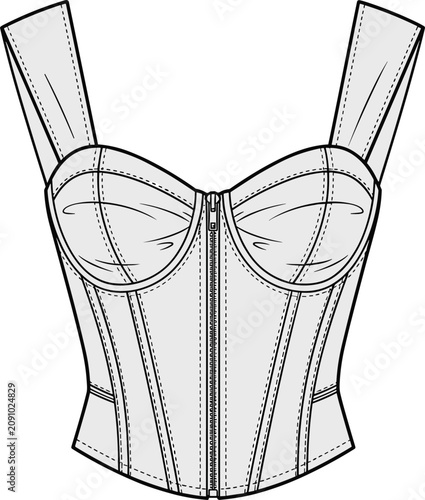 Cuadro en lienzo Zipper front bustier corset top technical fashion flat sketch cad drawing vector