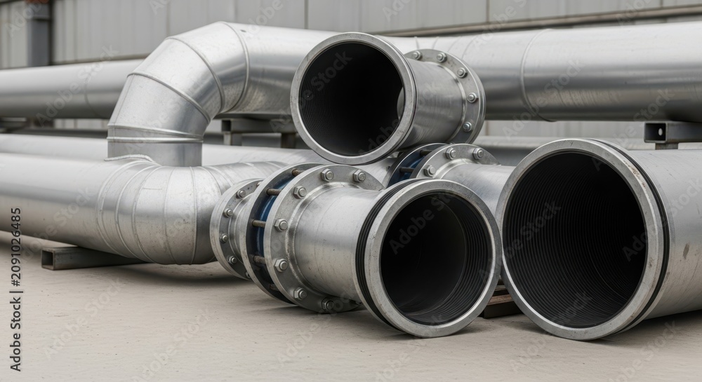 Fototapeta premium Industrial Metal Pipeline Components Ready for Assembly in a Facility
