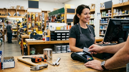 Hardware store checkout with tools on wooden counter. Smiling female cashier assisting customer with credit card payment. Hammer, wrench, and paint can on counter