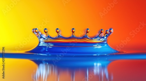 Droplet impact crown formation with vibrant blue liquid splash against yellow orange gradient background high-speed macro photography frozen motion symmetry