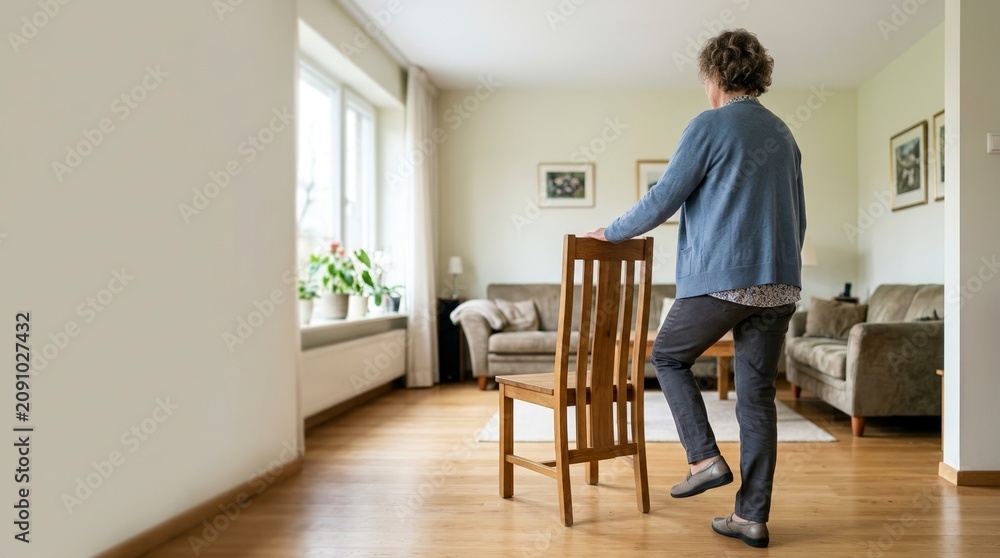 Fototapeta premium Older woman performing balance exercise with chair at home. Senior fitness and active aging concept
