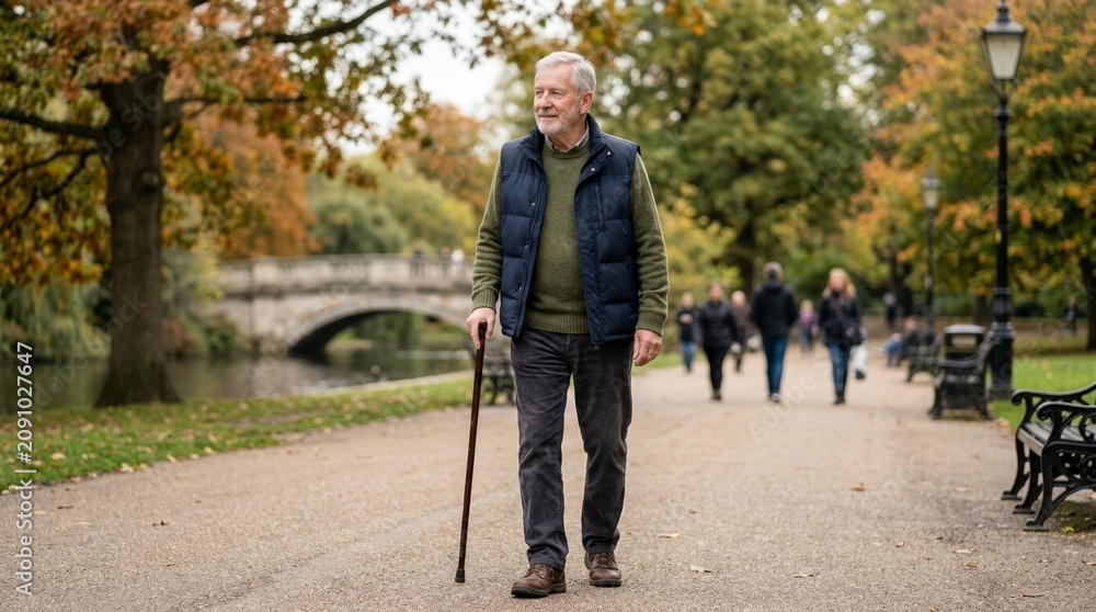 Obraz premium Senior man walking with a cane in an autumn park. Mature male strolling along a path near a stone bridge. Active lifestyle and mobility in retirement