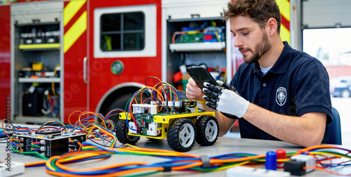 Young Engineer Programming a Robotics Vehicle in a Modern Workshop Setting