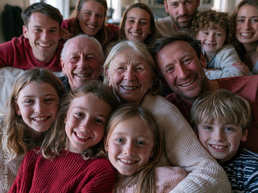 Obraz premium A large multigenerational family with grandparents and children poses for a joyful portrait in a bright living room for lifestyle and holiday media