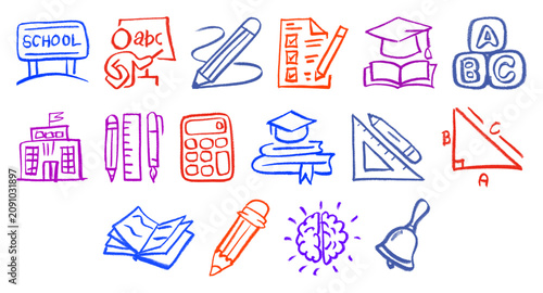Education Related Icons Crayon Chalk Drawing Doodle Vector Set