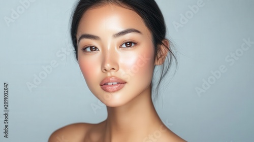 Young woman with radiant glowing skin poses for a beauty portrait.
