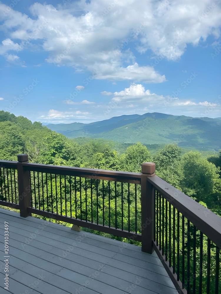 Fototapeta premium Scenic wooden balcony overlooking lush green valley with distant mountains under cloudy sky