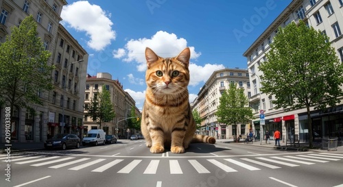 A giant tabby cat sits calmly on a city crosswalk, creating a surreal and whimsical scene as pedestrians and cars navigate around the oversized feline beneath a bright blue sky.