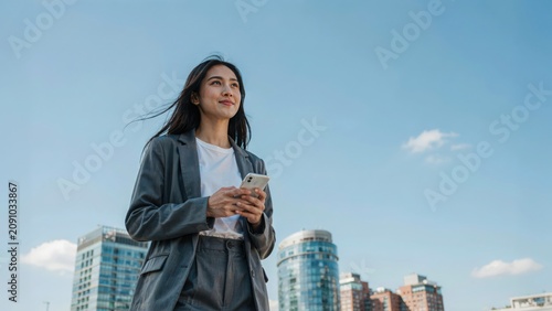 Young asian businesswoman holding a smartphone looking away against a city skyline