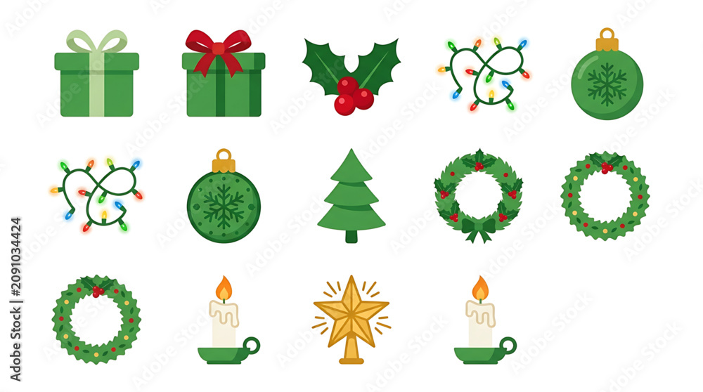 Fototapeta premium Set of festive winter holiday icons featuring evergreen trees wreaths gifts and decorative lights rendered in a clean and minimal flat vector design style